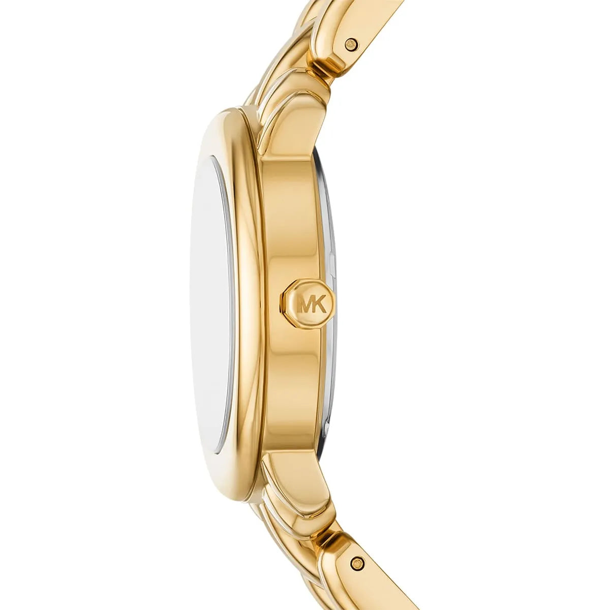 Michael Kors Phoebe women's watch angled side view with MK logo visible on gold-tone case