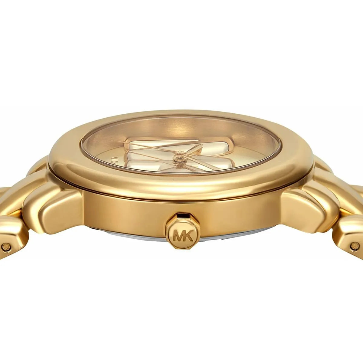 Michael Kors Phoebe watch caseback showing crystal and gold-tone stainless steel case with visible crown