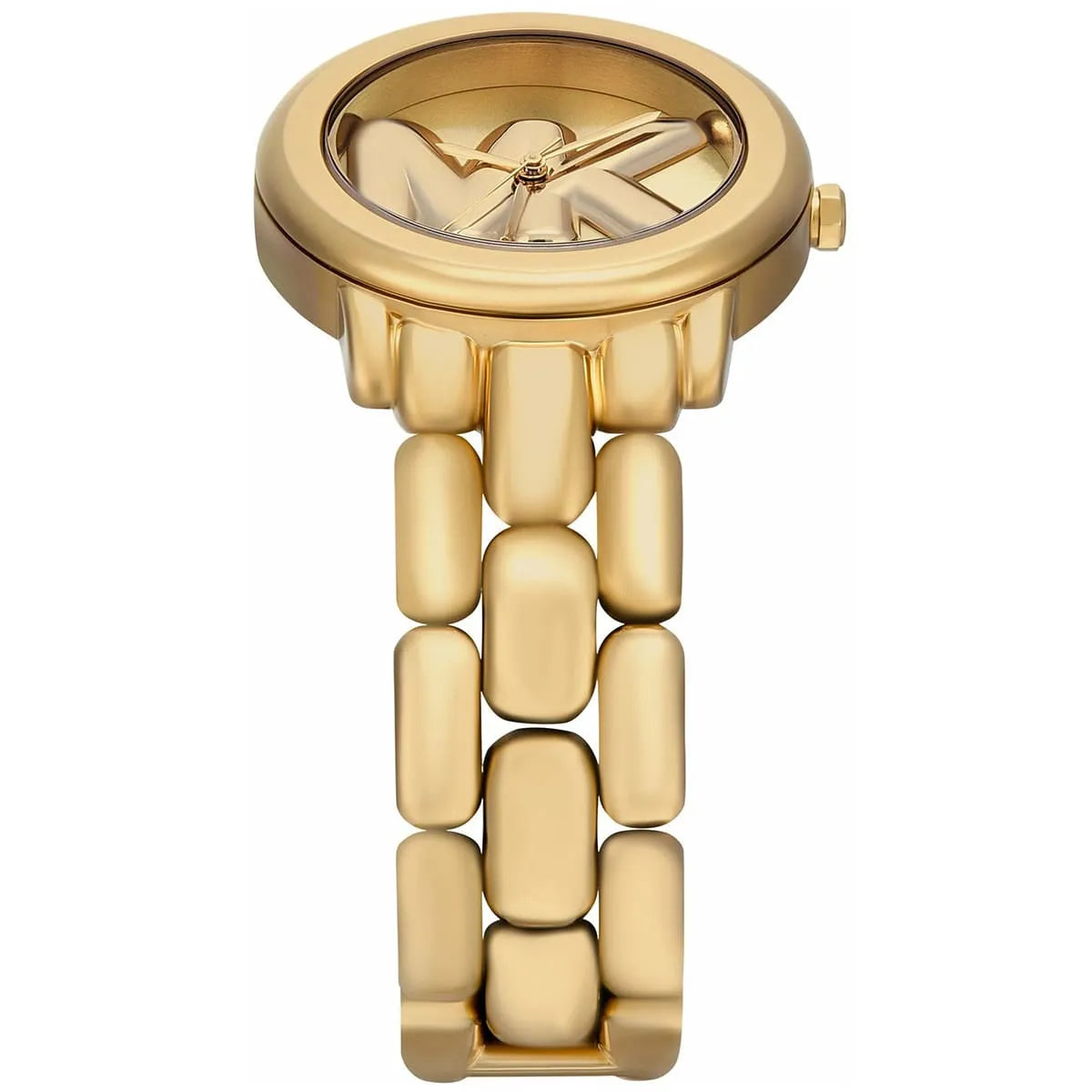 Close-up of Michael Kors Phoebe dial showing three-hand movement and gold-tone case with MK branding