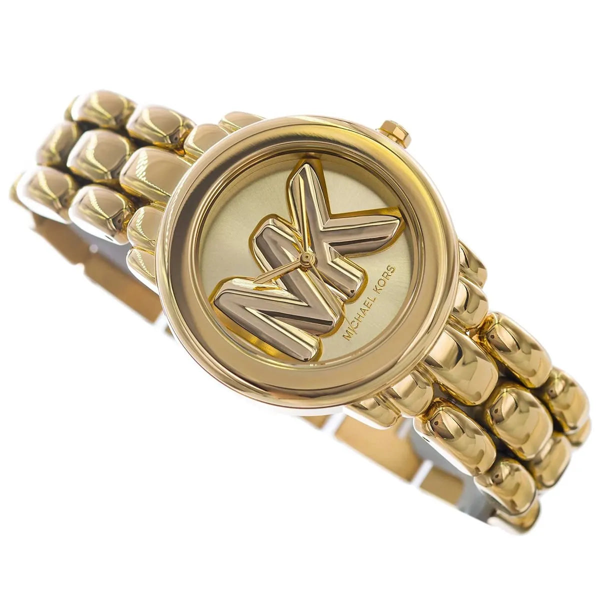 Michael Kors Phoebe women's watch front view with MK logo on champagne dial and gold link strap