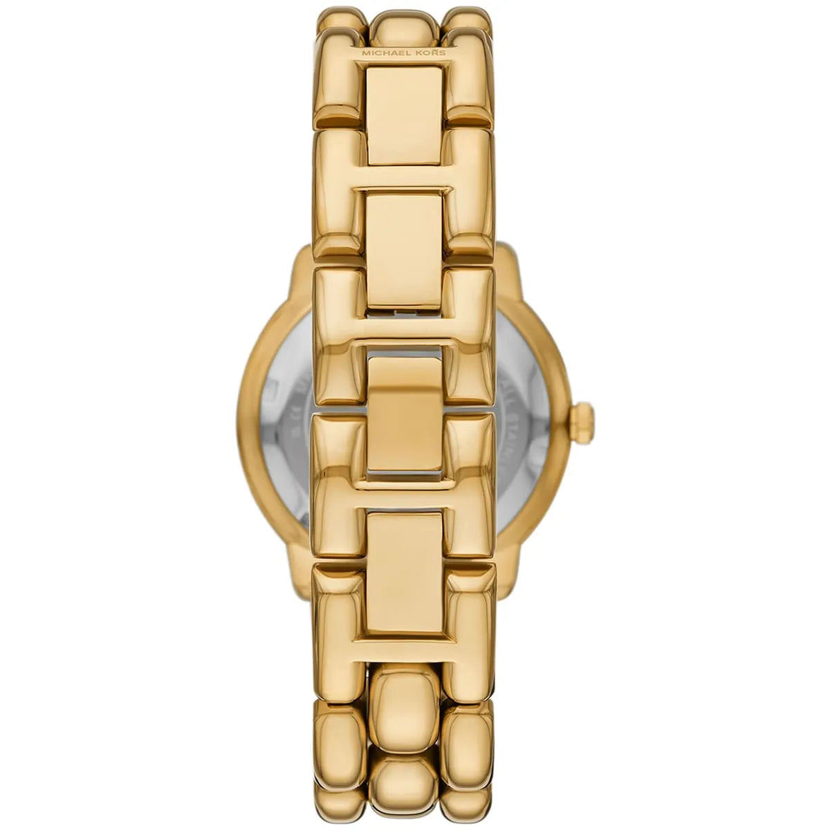 Michael Kors Phoebe women's watch side view showing gold-tone link bracelet and caseback