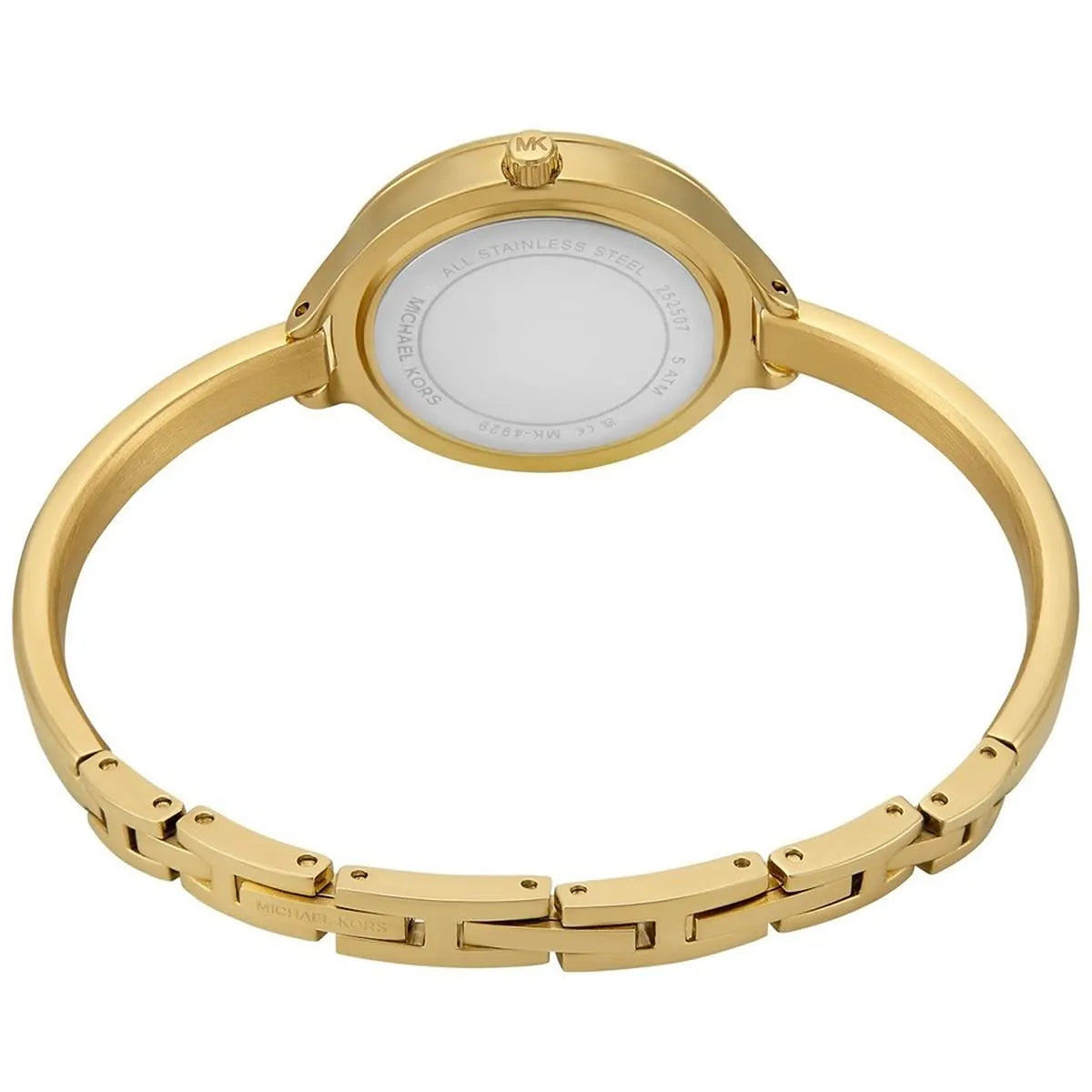 Angled view of Michael Kors Izzy watch with bracelet strap and stainless steel case
