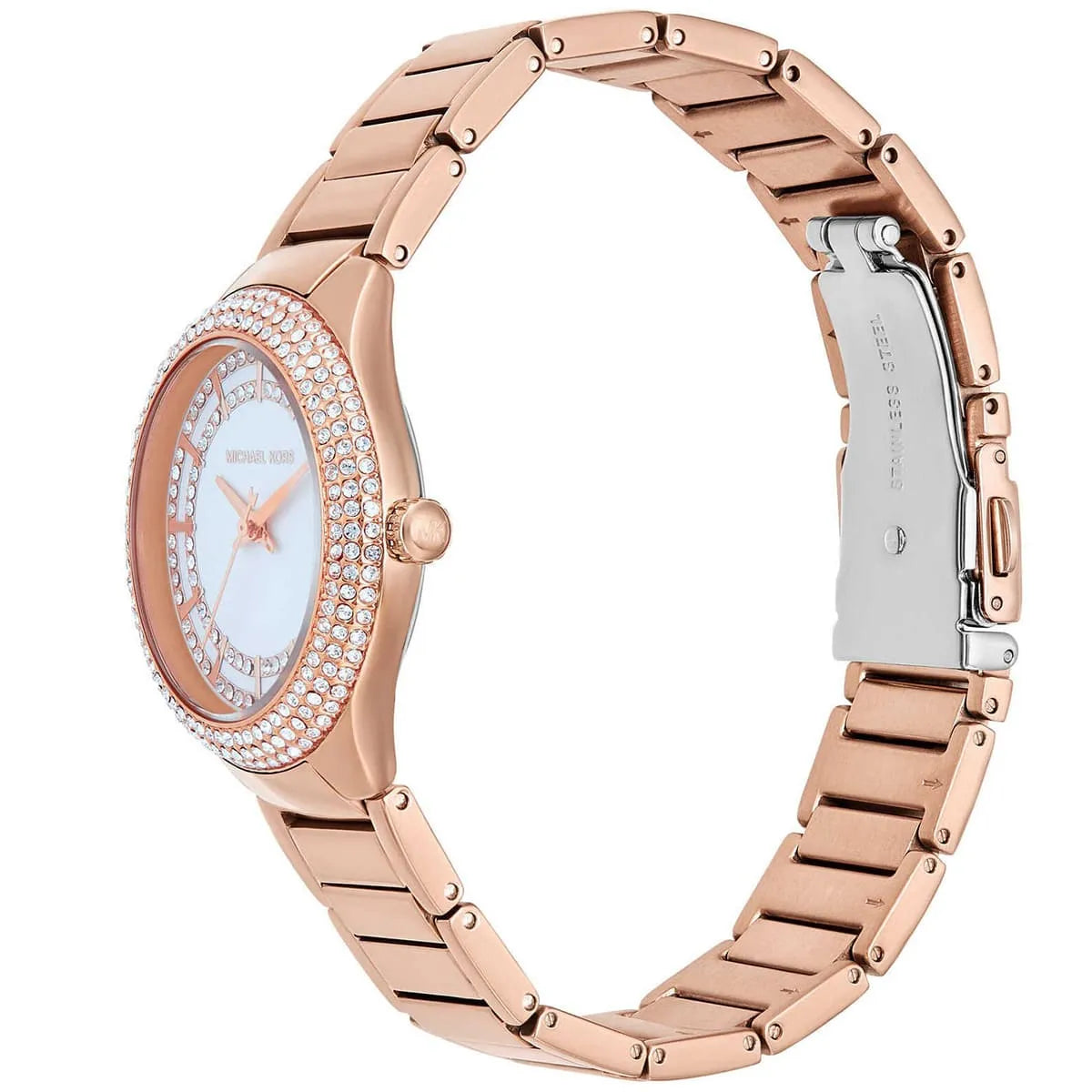 Three-quarter view of Michael Kors Sylvia watch displaying rose gold bracelet strap and case
