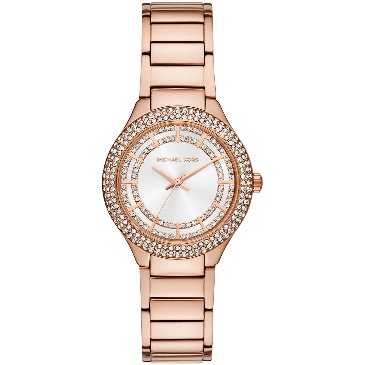 Michael Kors Sylvia watch with crystal-adorned rose gold case, white dial, and three-hand display