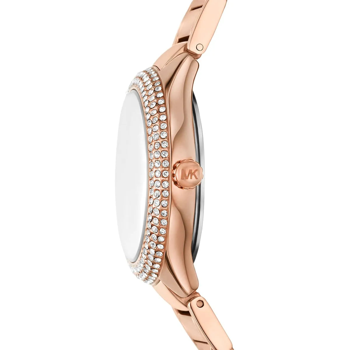 Side profile of Michael Kors Sylvia watch showing crystal-set bezel and case thickness
