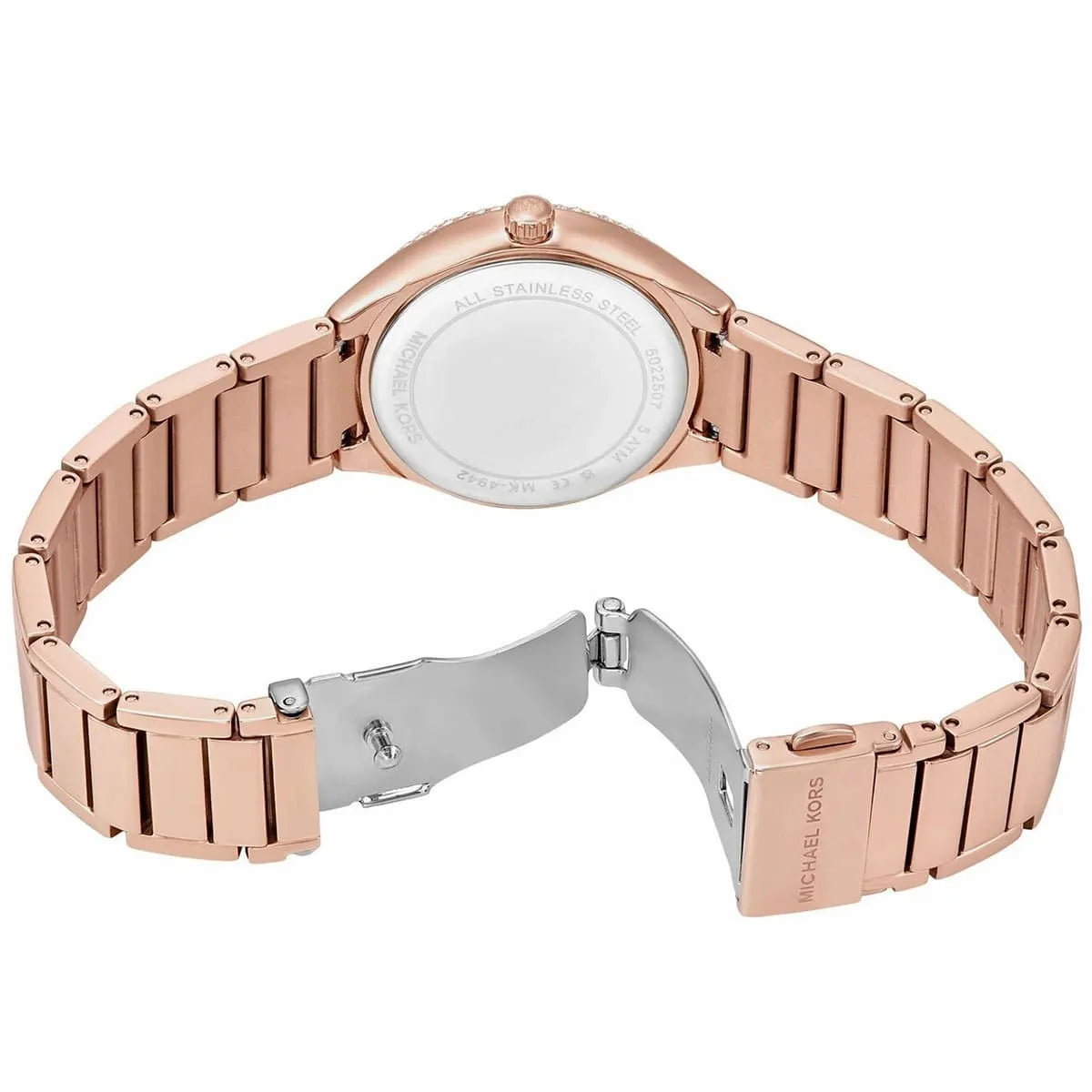 Michael Kors Sylvia watch displayed with open bracelet clasp showing rose gold metal construction