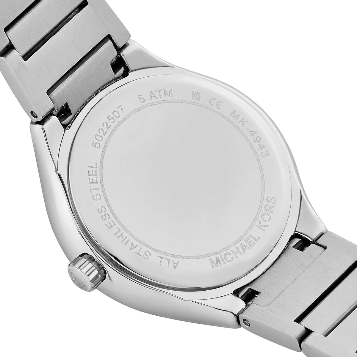 Engraved stainless steel caseback of MK4943 showing specifications and branding