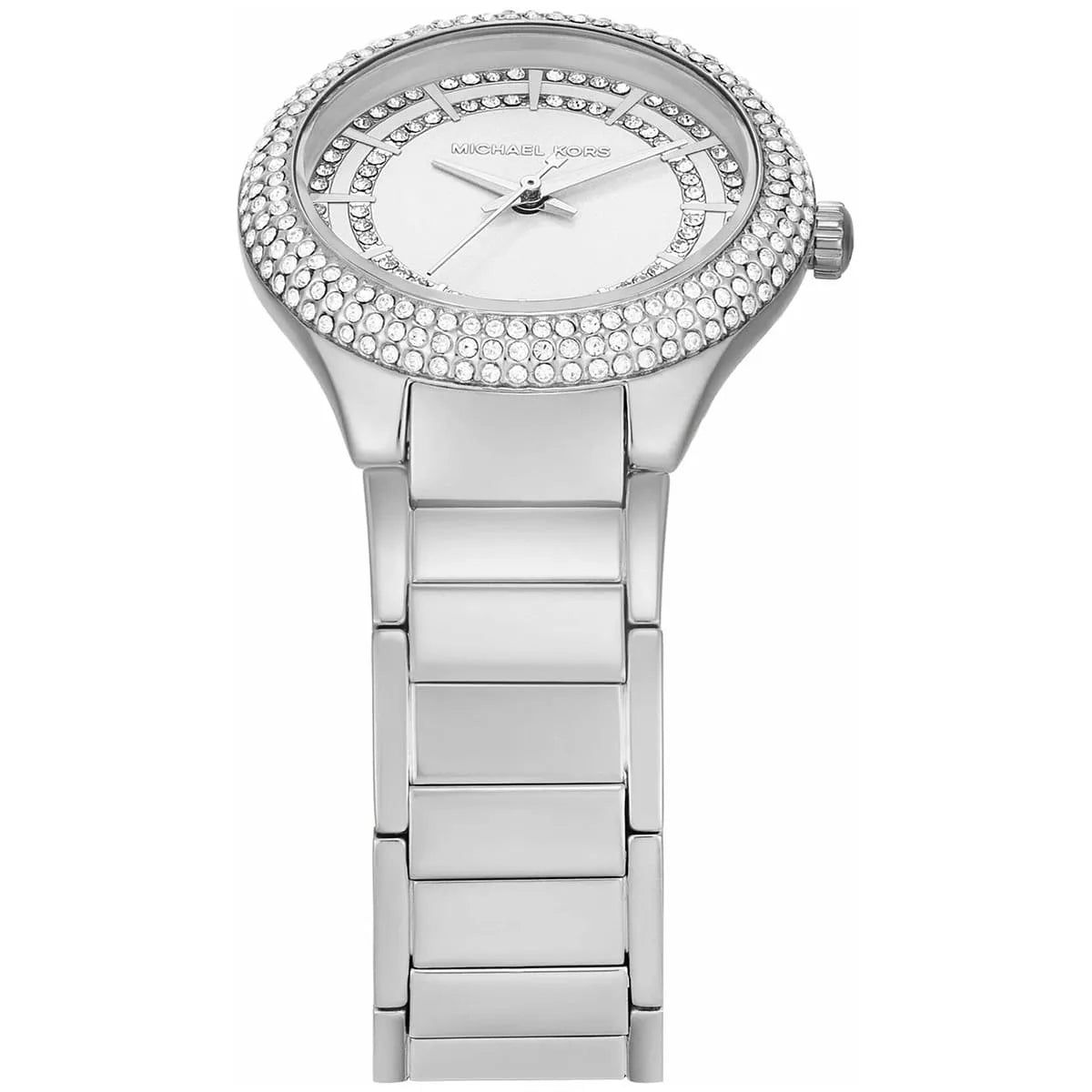 Full front view of Michael Kors Sylvia three-hand watch with crystal-set bezel