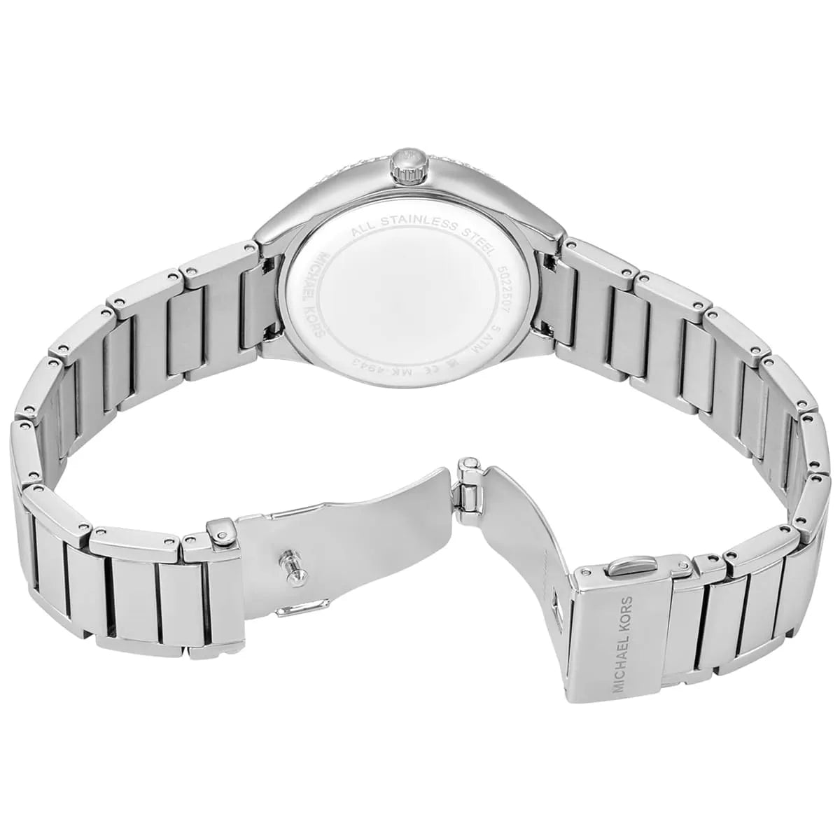 Overhead flat lay view of Michael Kors Sylvia watch showing full design