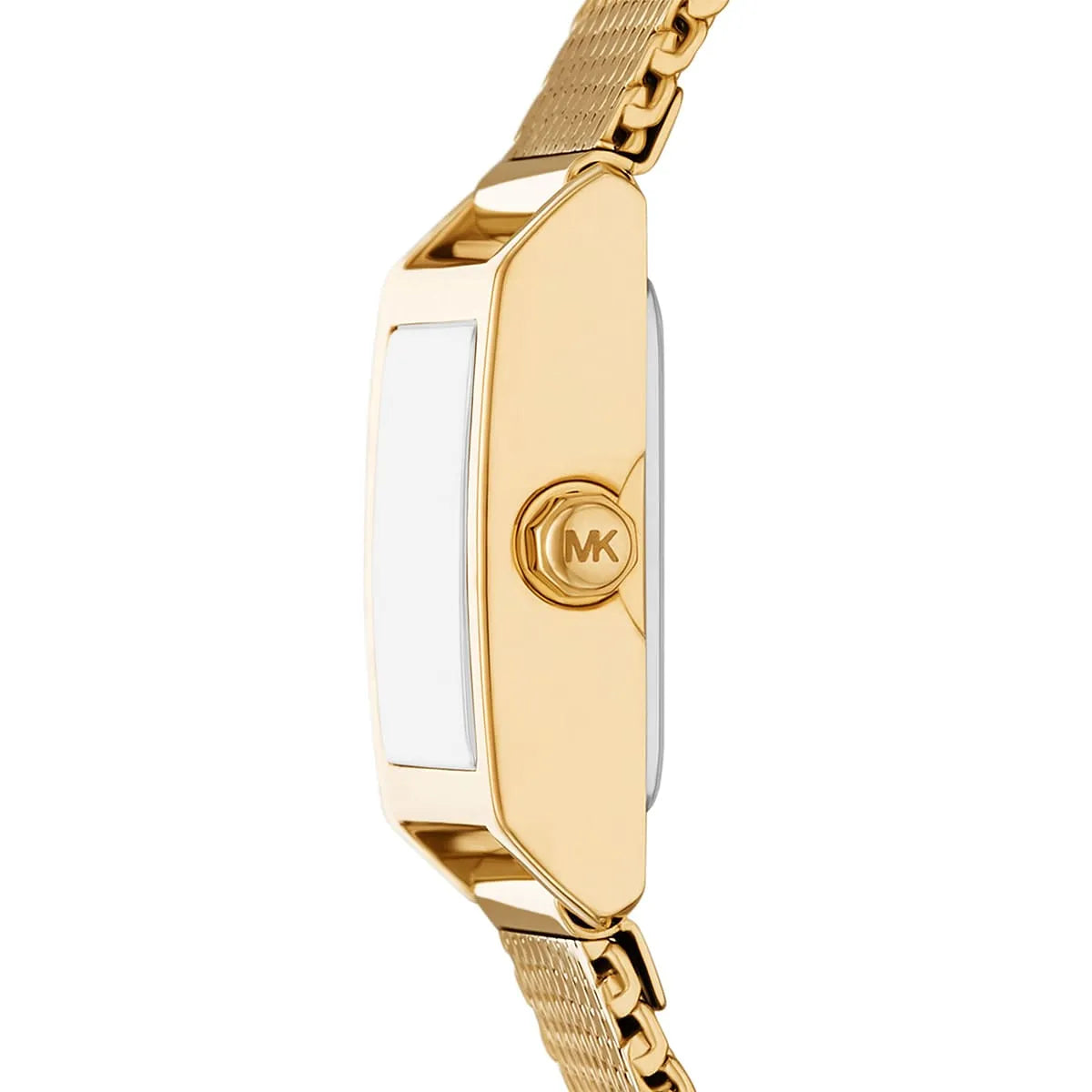 Michael Kors Georgie MK4959 angled view with gold square case and mesh strap