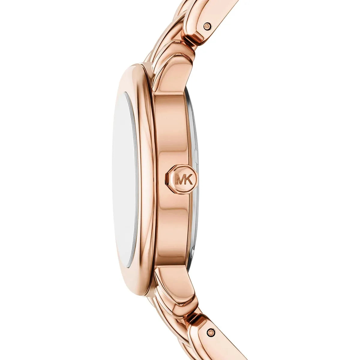 Michael Kors Phoebe watch angled side view displaying case thickness, MK charm detail, and metal strap links