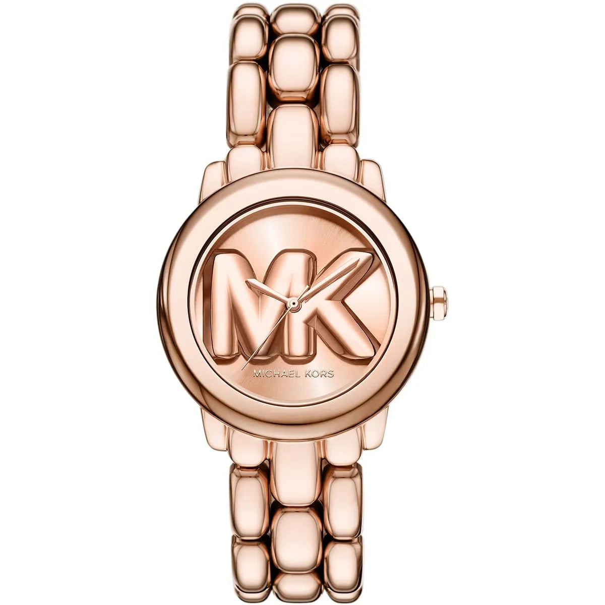 Michael Kors Phoebe women's watch with rose gold-tone stainless steel case and matching three-link bracelet strap, MK logo dial