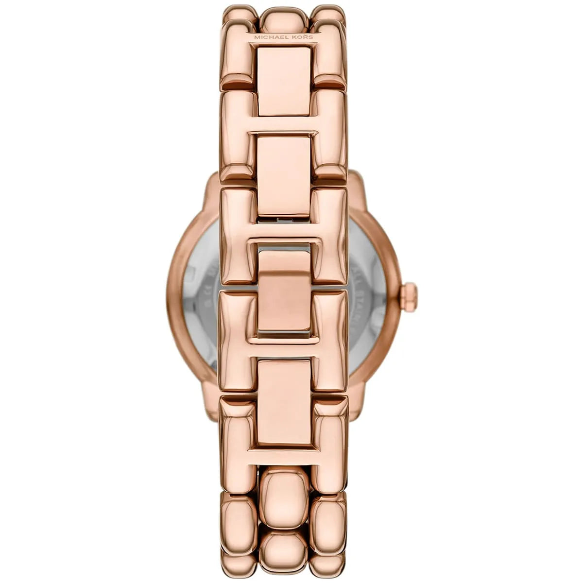 Michael Kors Phoebe watch side view showing case profile and rose gold-tone three-link metal bracelet