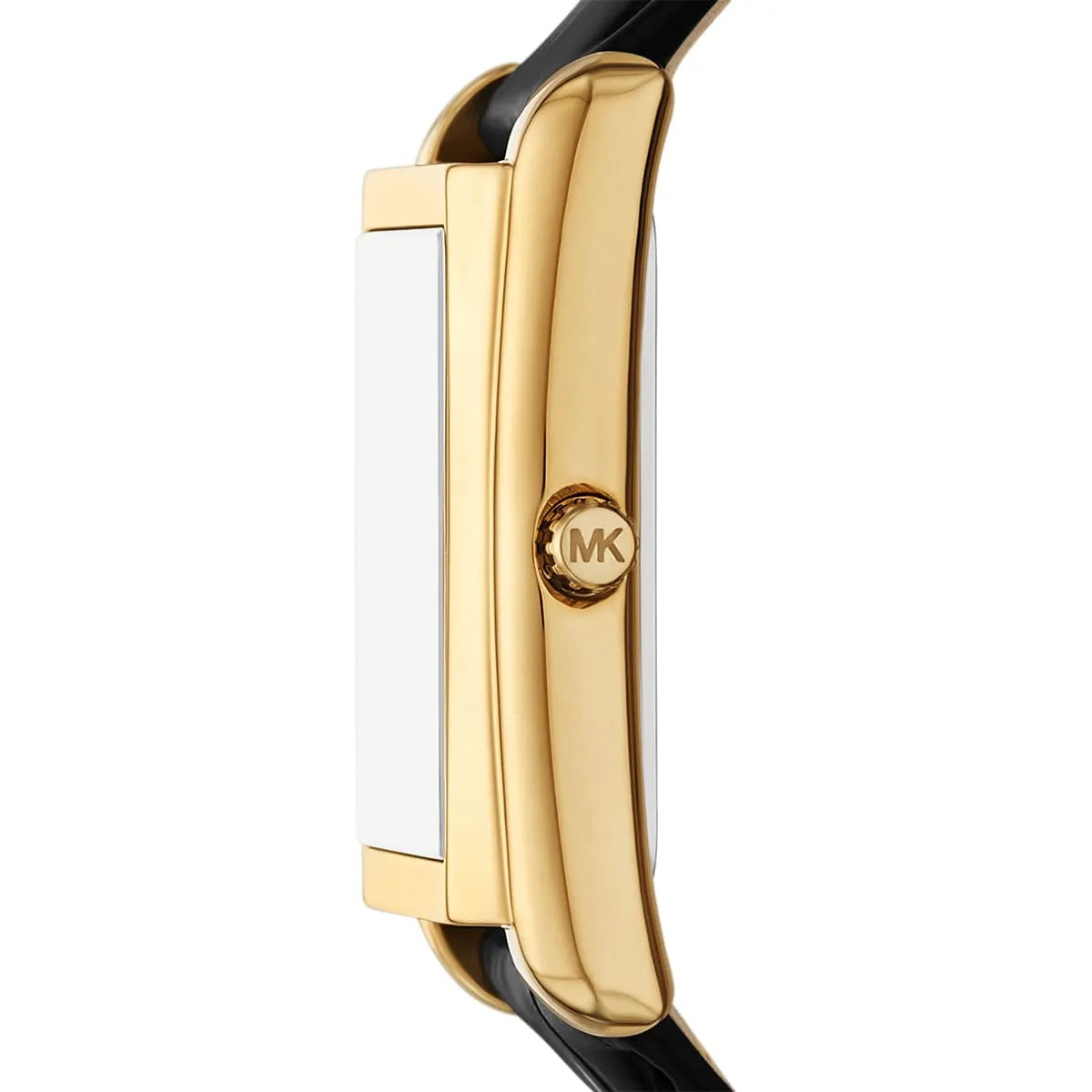 Essex watch side profile displaying thin rectangular gold case with MK logo and black strap