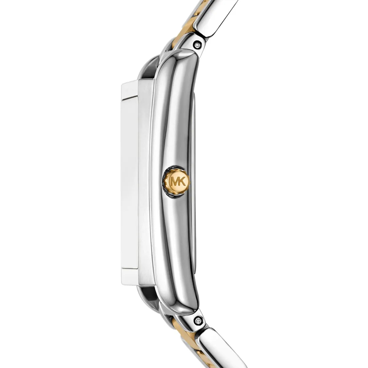Side profile of Michael Kors Essex watch case showing depth and gold and silver two-tone construction
