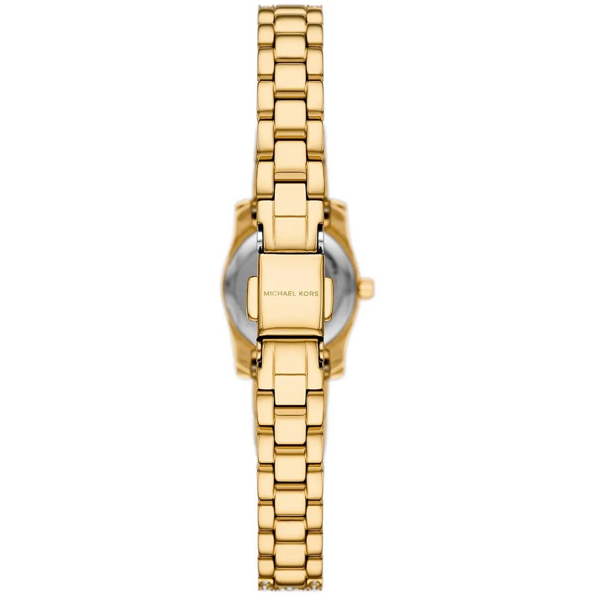 Caseback view of Michael Kors Lexington watch showing stainless steel case and bracelet