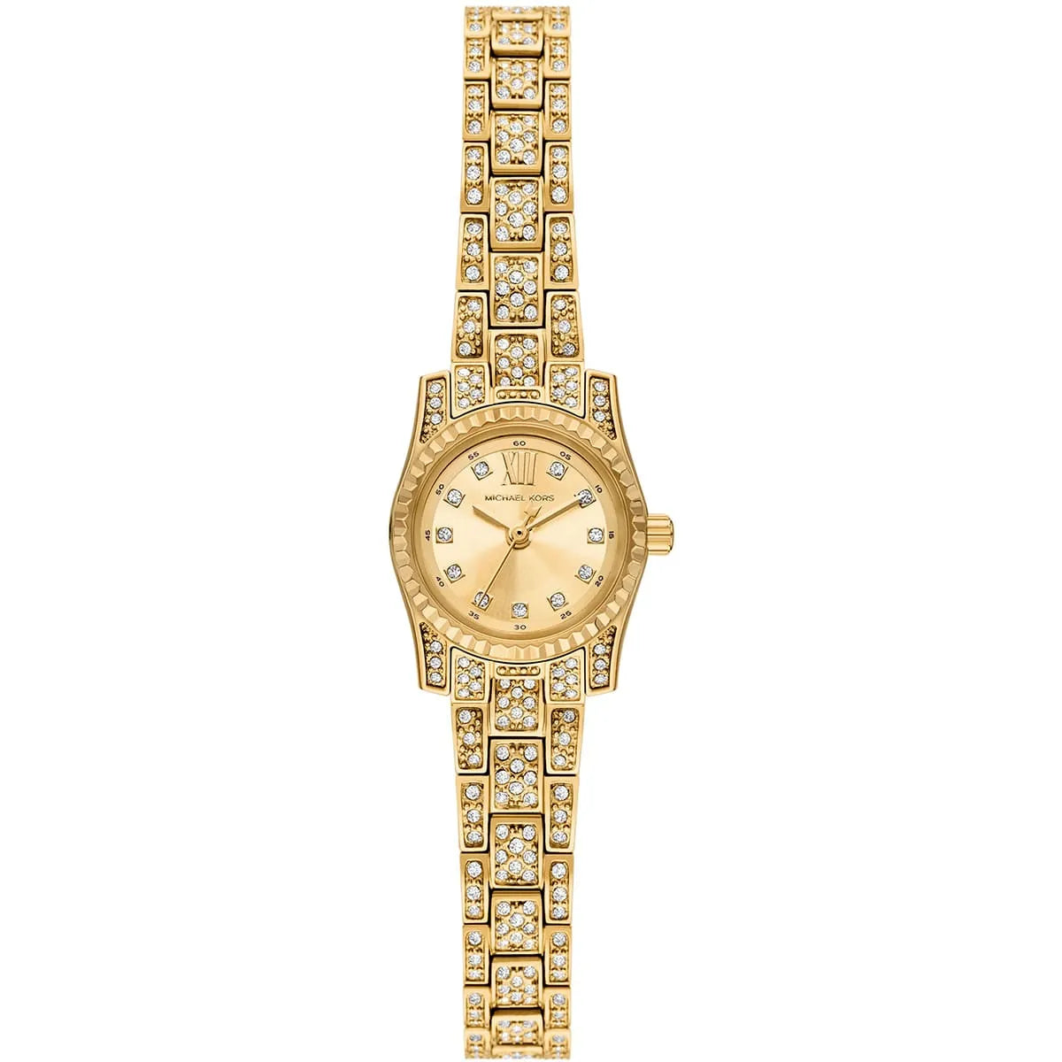 Michael Kors Lexington Micro Petite women's watch with gold dial, crystal-set bezel, and gold bracelet