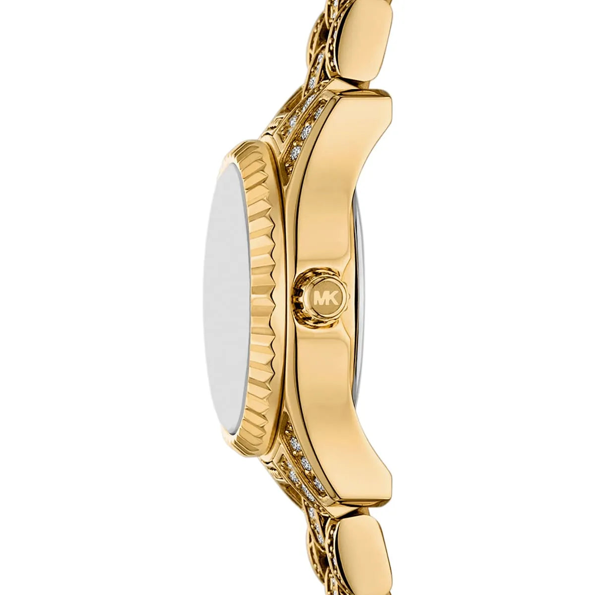 Side profile of Michael Kors Lexington watch showing case depth and crystal-set bezel