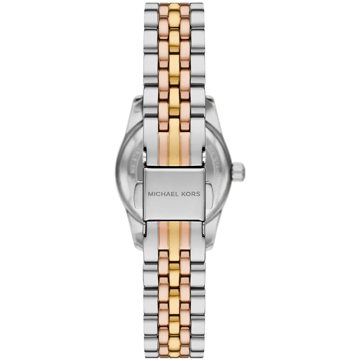 Case back of Michael Kors Lexington MK4987 showing stainless steel with brand engraving and two-tone bracelet