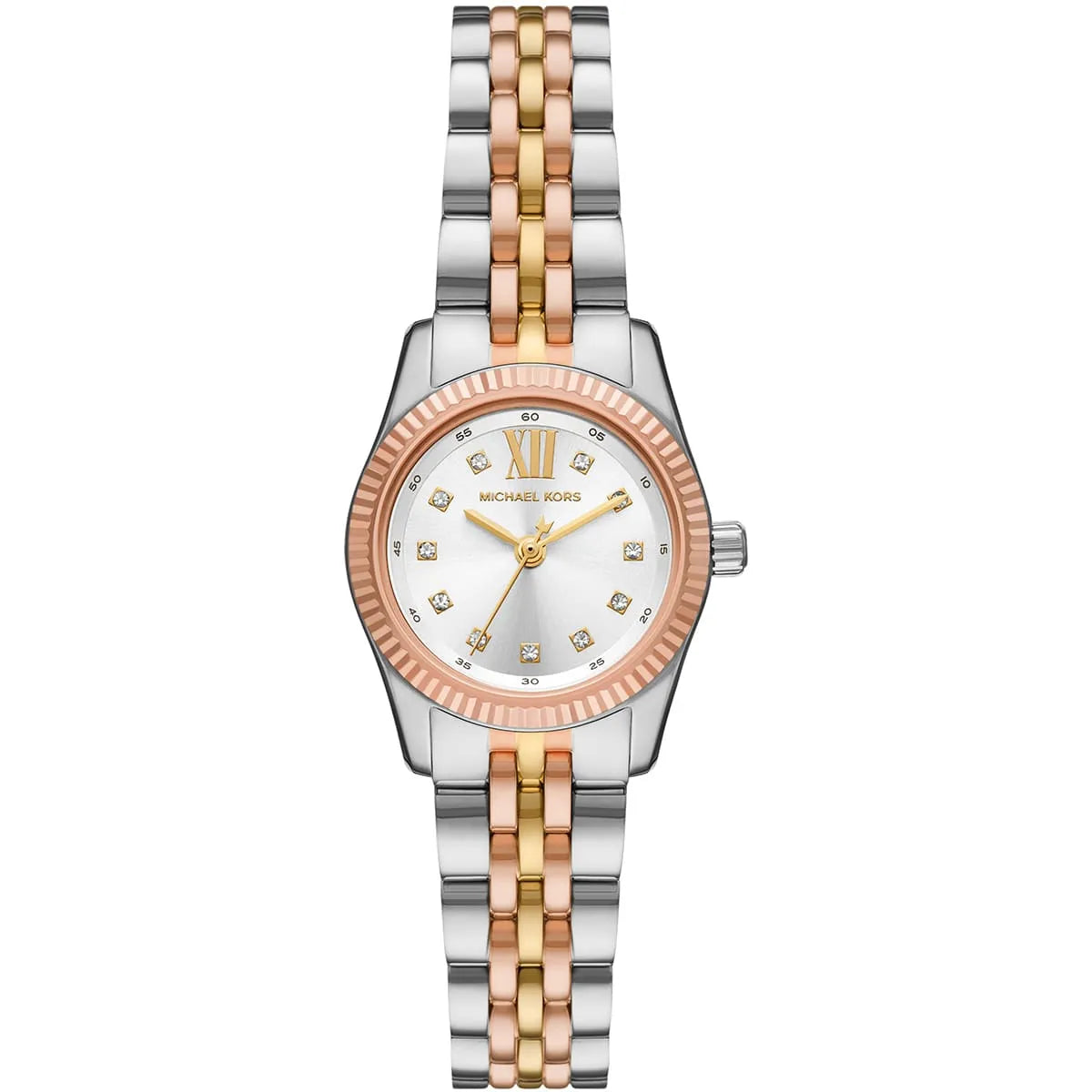 Michael Kors Lexington MK4987 women's watch with silver dial, two-tone silver and rose gold bracelet, crystal hour markers