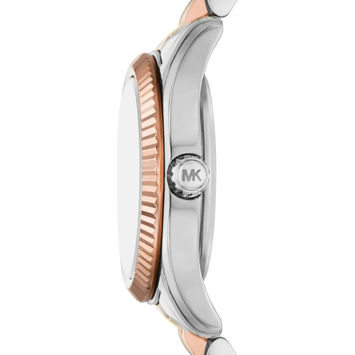 Side profile of Michael Kors Lexington MK4987 showing rose gold fluted bezel and case thickness
