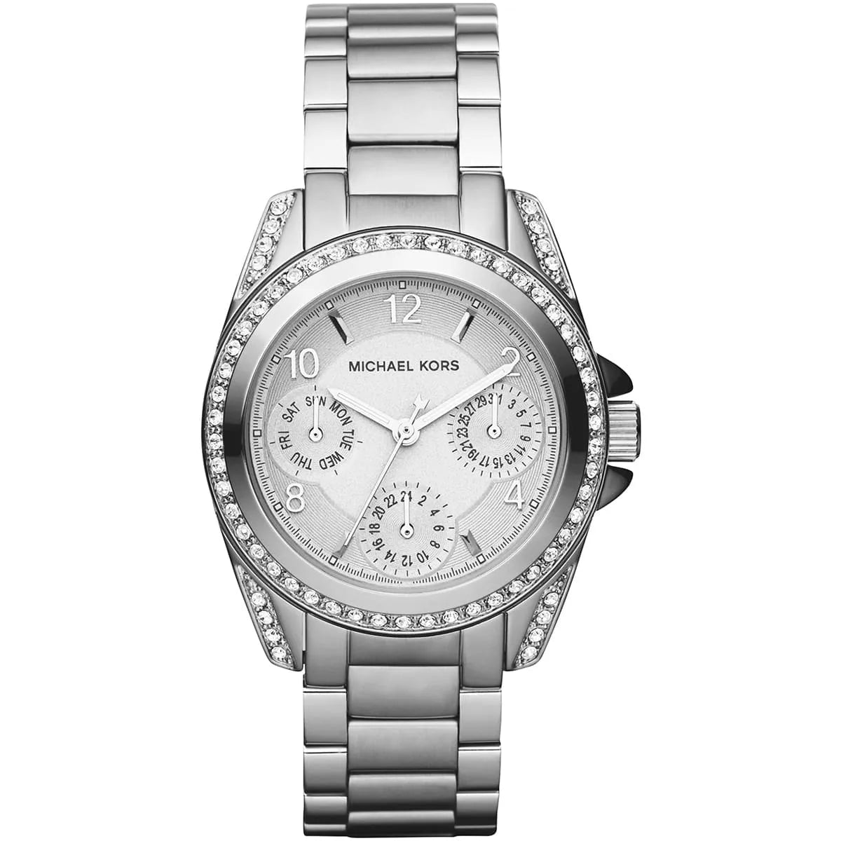 Michael Kors Blair silver-tone women's watch with crystal bezel, silver dial, and multi-function subdials