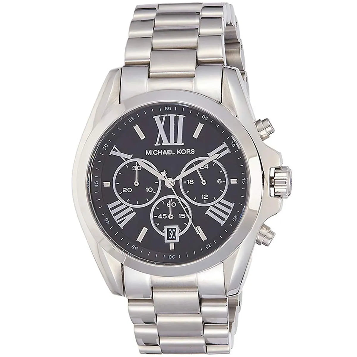 Michael Kors Bradshaw MK5705 watch at angle showing silver metal bracelet and black dial with chronograph subdials