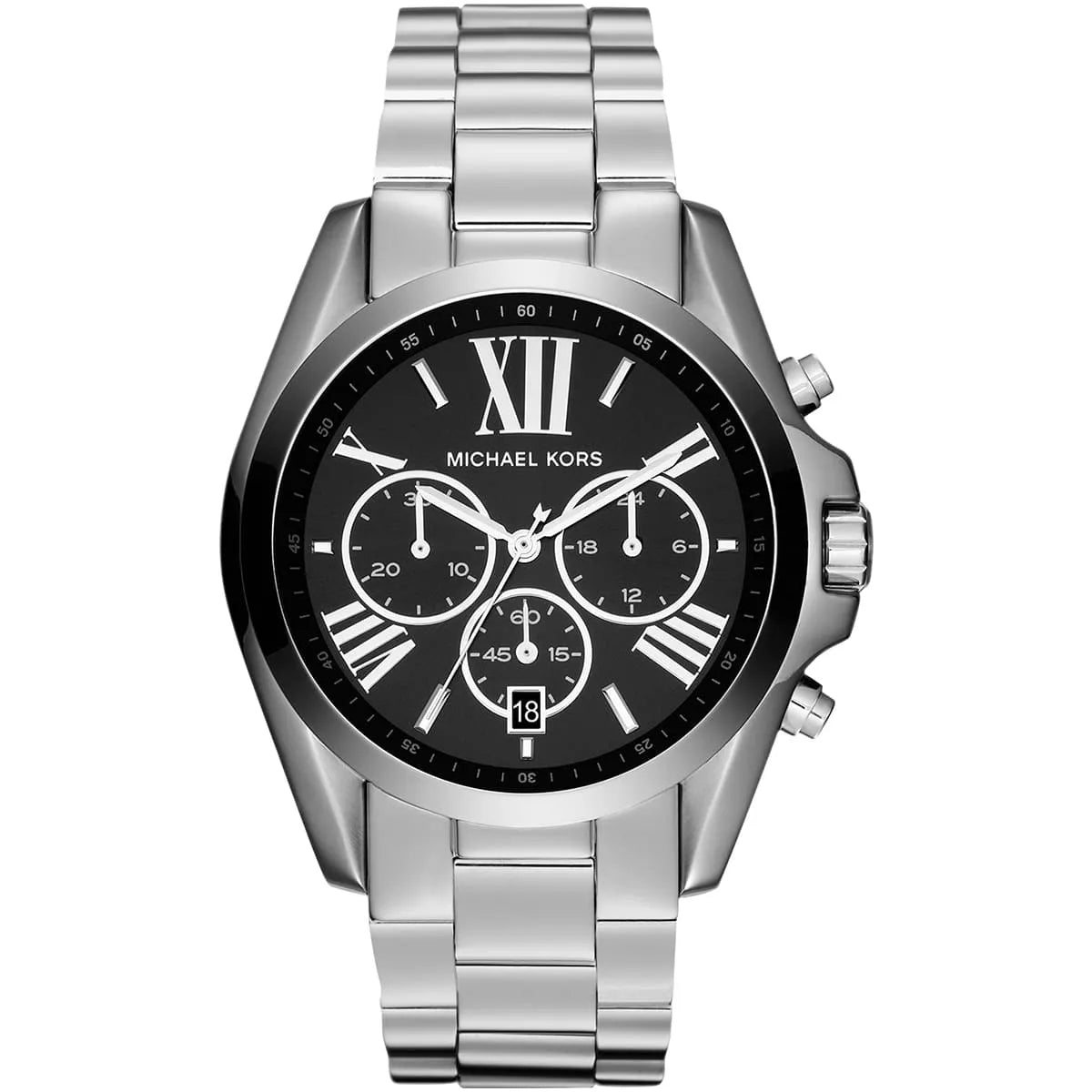 Michael Kors Bradshaw MK5705 chronograph watch with black dial and silver stainless steel bracelet
