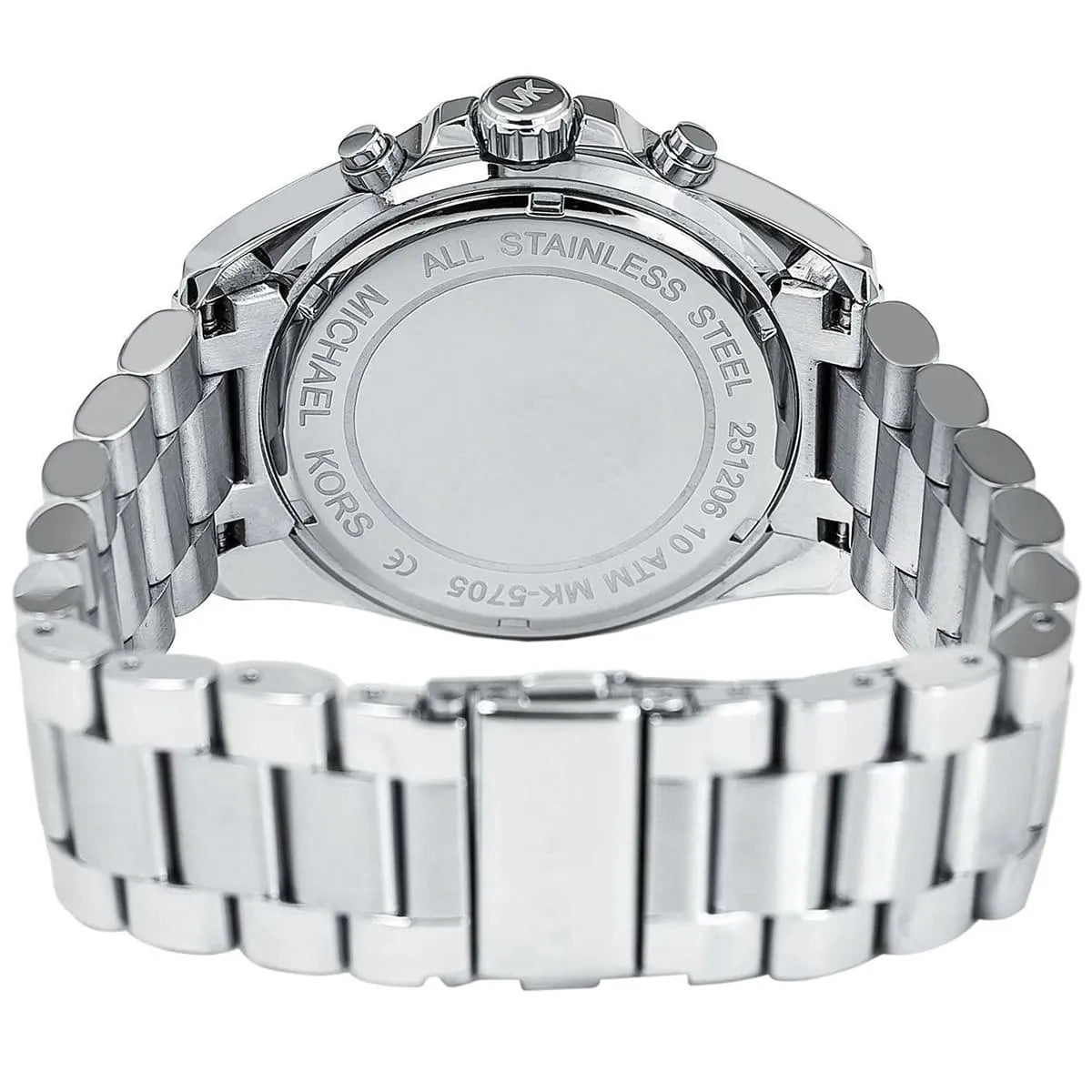 Michael Kors Bradshaw MK5705 stainless steel caseback showing water resistance and brand details