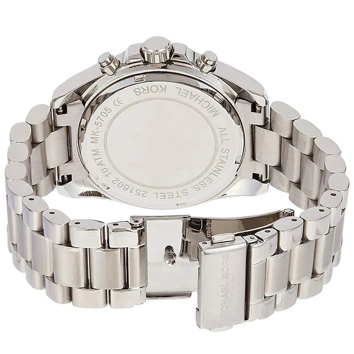Michael Kors Bradshaw MK5705 watch side view showing stainless steel bracelet and push buttons