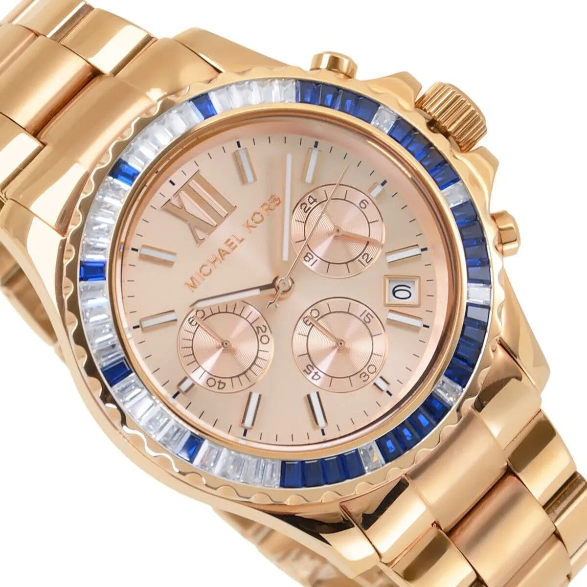 MK5755 Everest dial detail showing rose gold subdials, chronograph, and date window