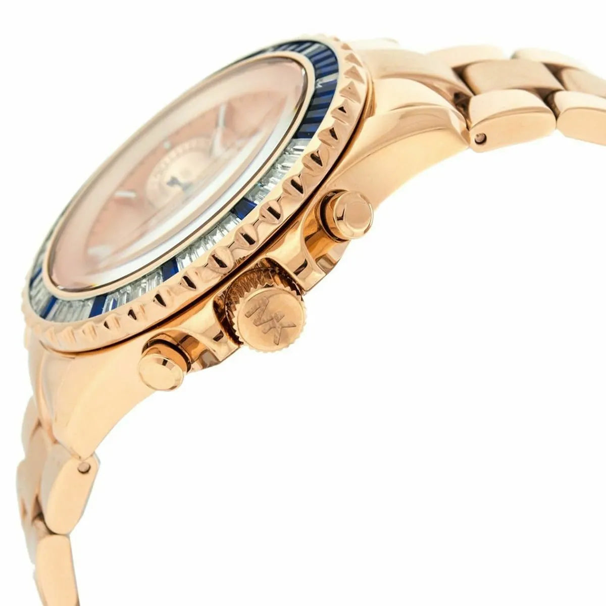MK5755 Everest watch side profile showing rose gold case, bezel, and metal bracelet