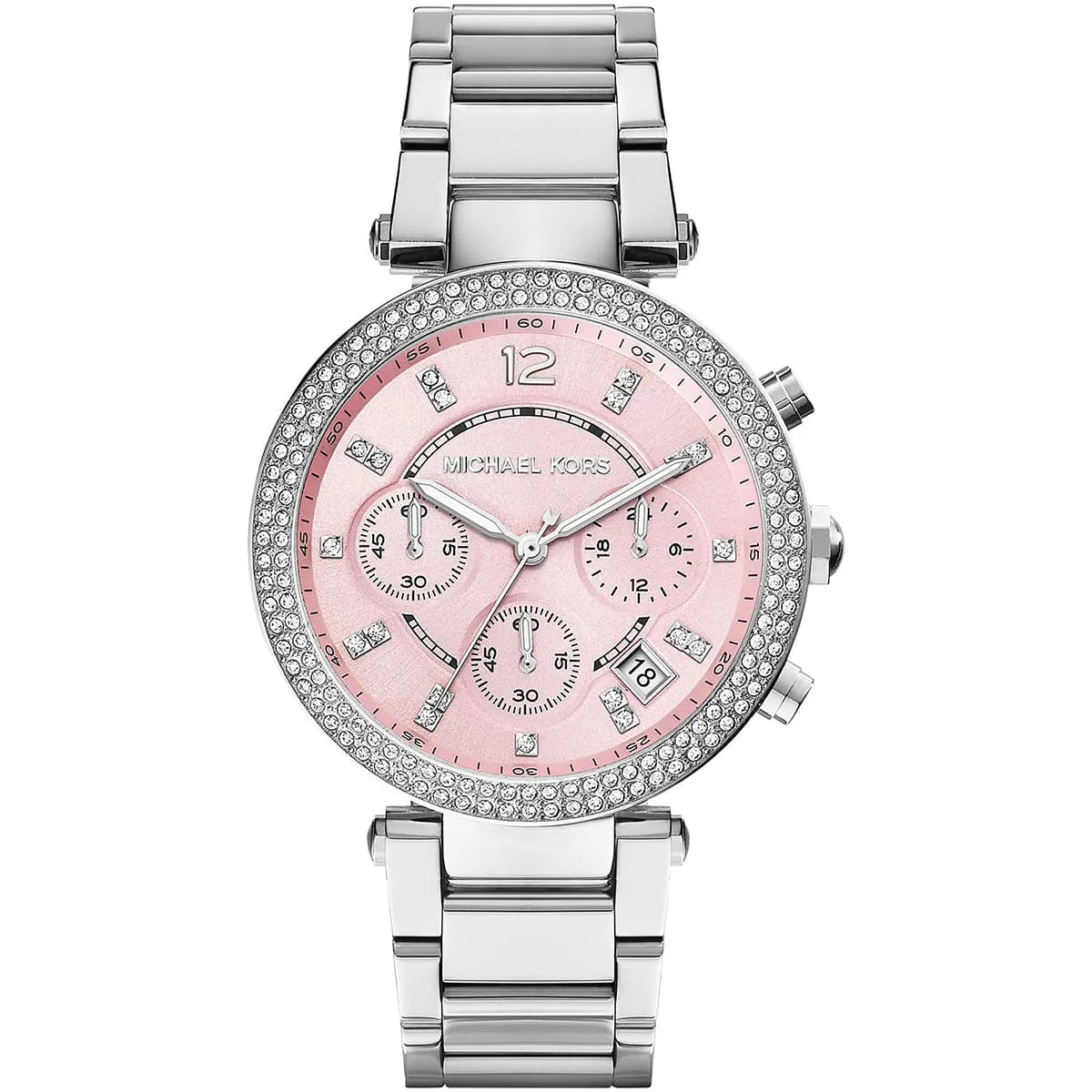 Michael Kors Parker women's chronograph watch with pink dial and crystal bezel