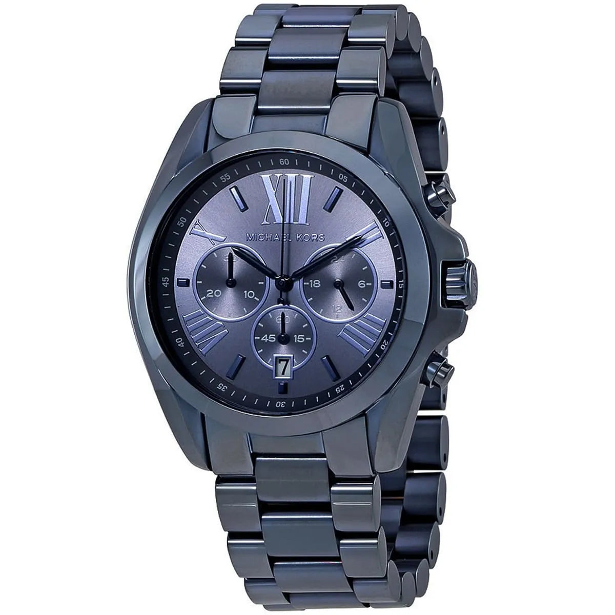Michael Kors Bradshaw navy chronograph watch at angle, showing full watch and bracelet