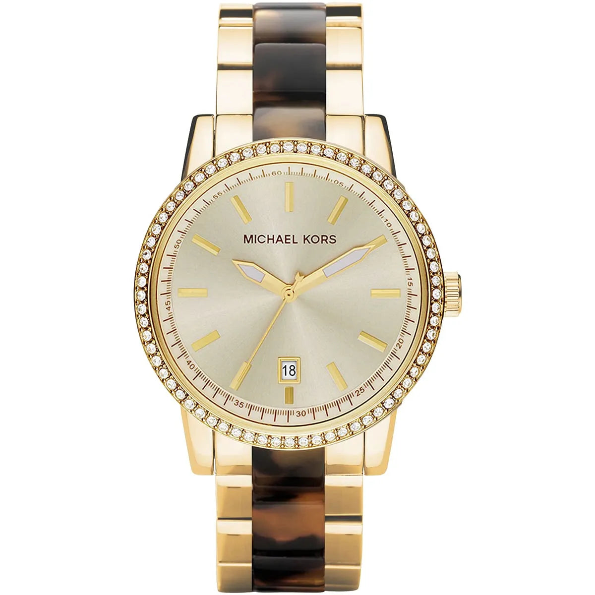 Michael Kors Ritz women's watch with gold dial, crystal bezel, and gold tortoise acetate bracelet