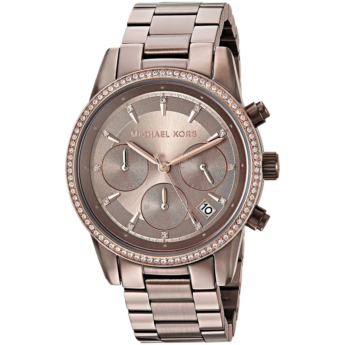 Michael Kors Ritz chronograph watch angled view showing brown dial and crystal-set bezel