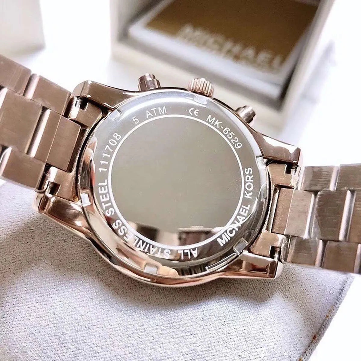 Michael Kors Ritz watch caseback showing water resistance marking and MK6529 model number