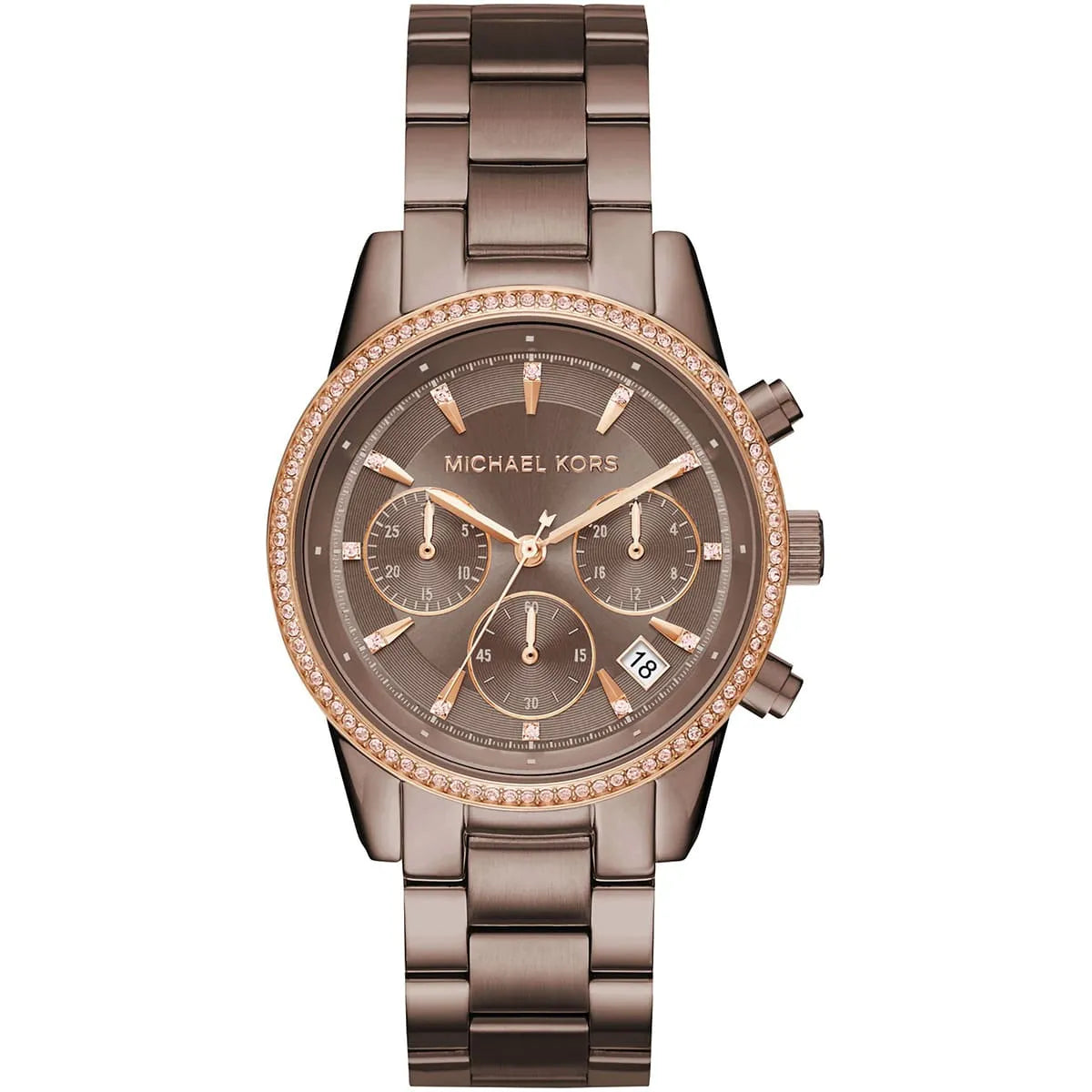 Michael Kors Ritz womens chronograph watch brown dial three subdials date window