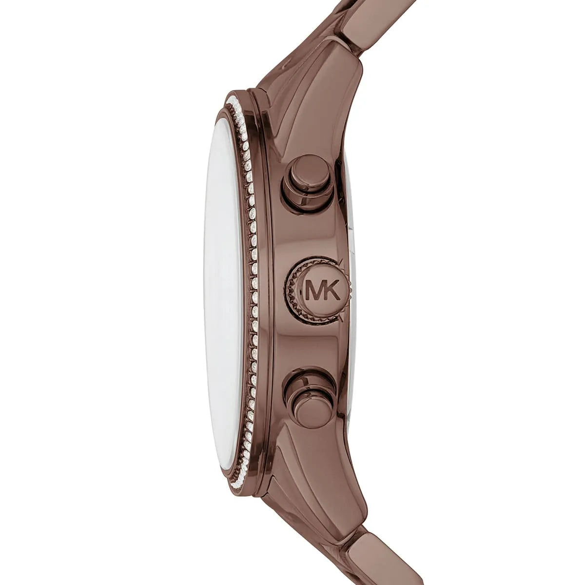 Michael Kors Ritz watch side profile showing crystal bezel and MK logo on case