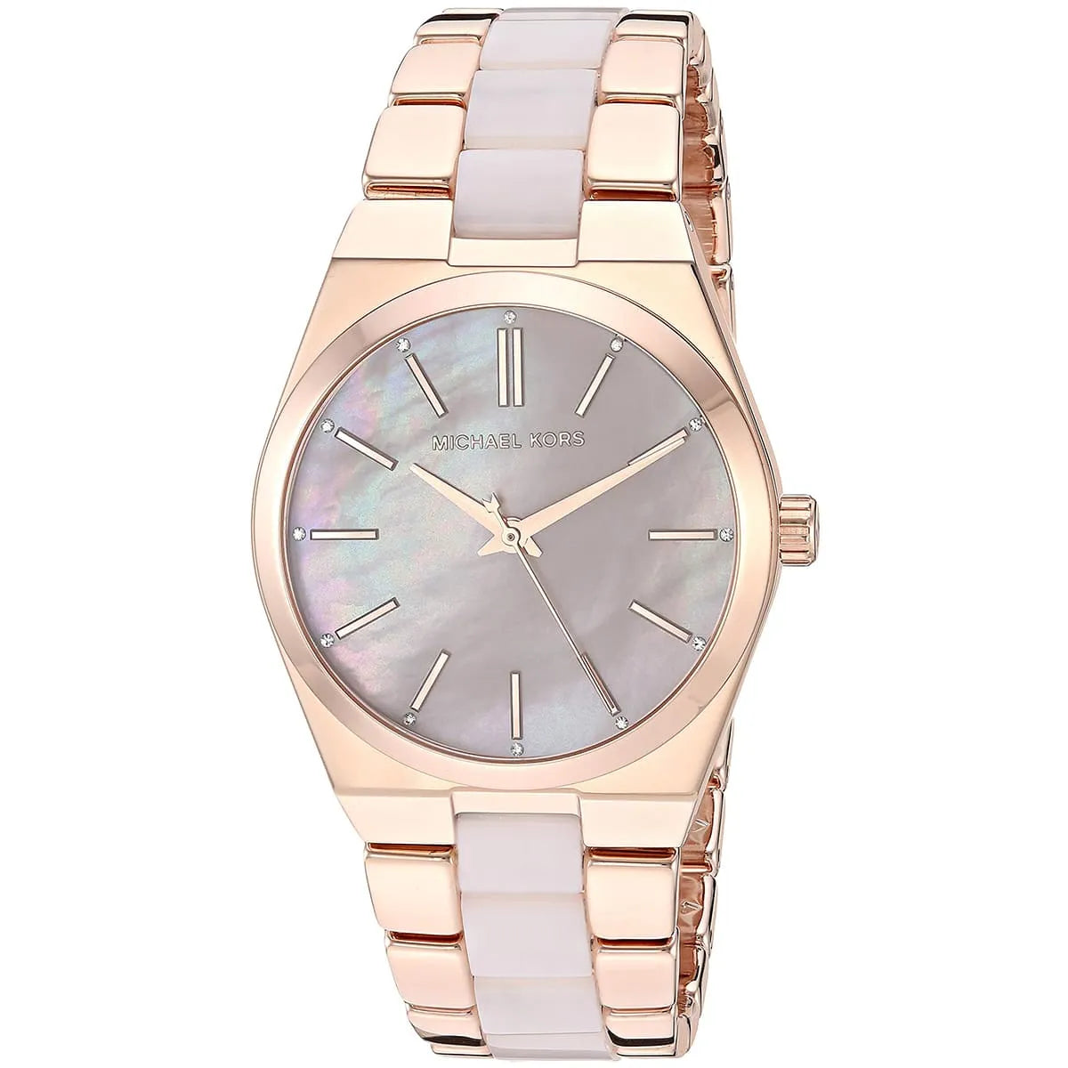 Michael Kors Channing watch angled view showing rose gold case and mixed pink acetate strap