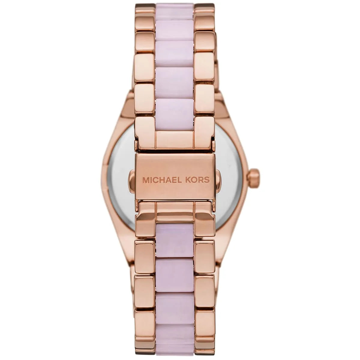 Michael Kors Channing watch caseback showing rose gold-tone case and pink acetate bracelet