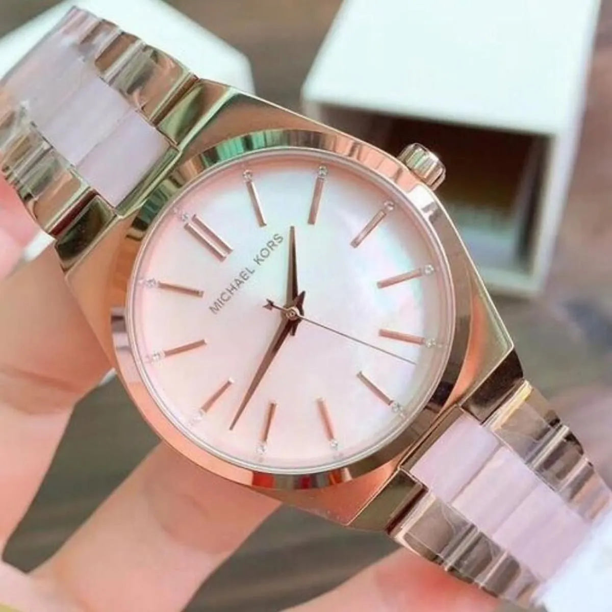 Michael Kors Channing front view with rose gold case and mixed bracelet material