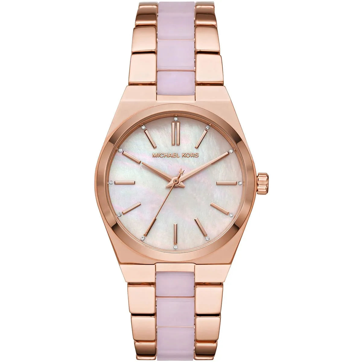 Michael Kors Channing rose gold-tone watch with white dial and pink acetate bracelet