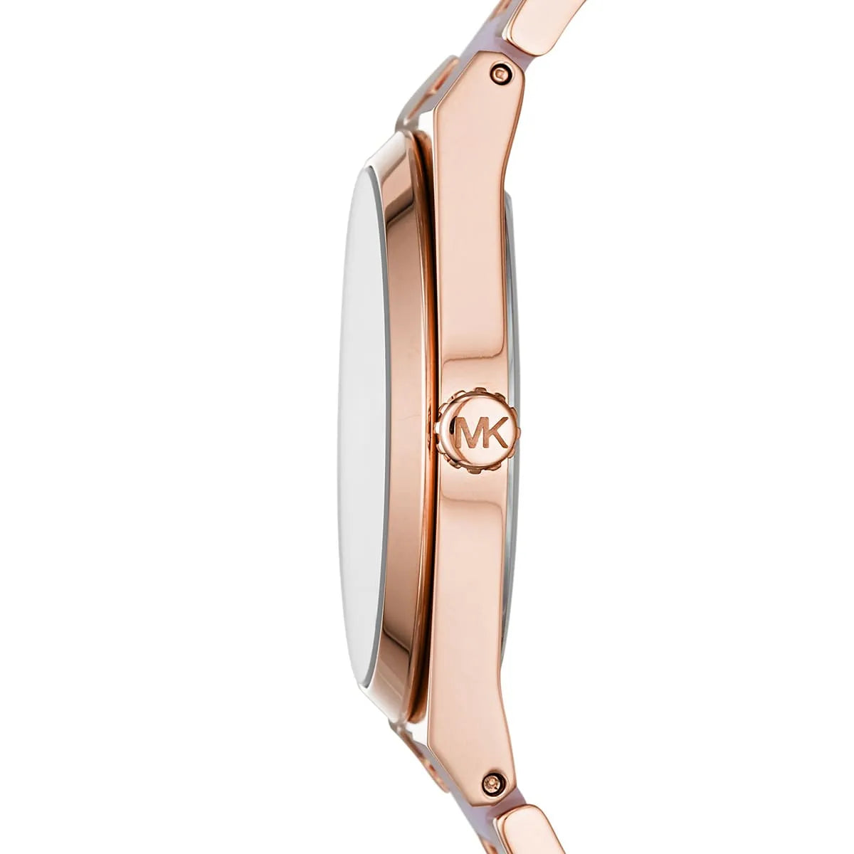 Side profile of Michael Kors Channing watch showing rose gold case with MK logo detail