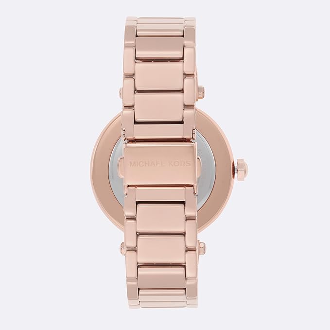 Back view of Michael Kors Parker rose gold watch with stainless steel bracelet