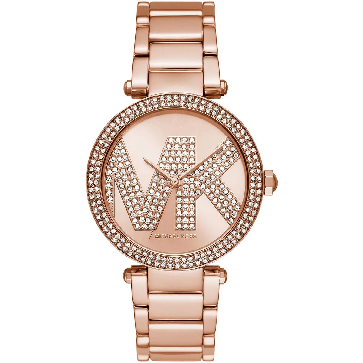 Michael Kors Parker rose gold women's watch with crystal pavé MK logo dial and crystal bezel