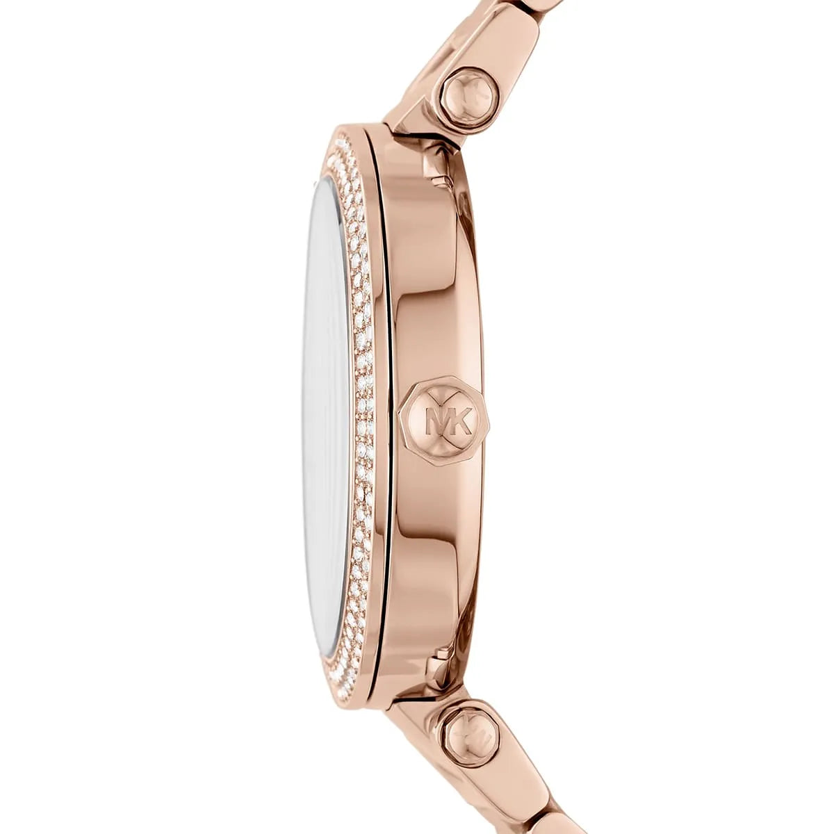 Side view of Michael Kors Parker watch showing rose gold bracelet and crystal-set bezel