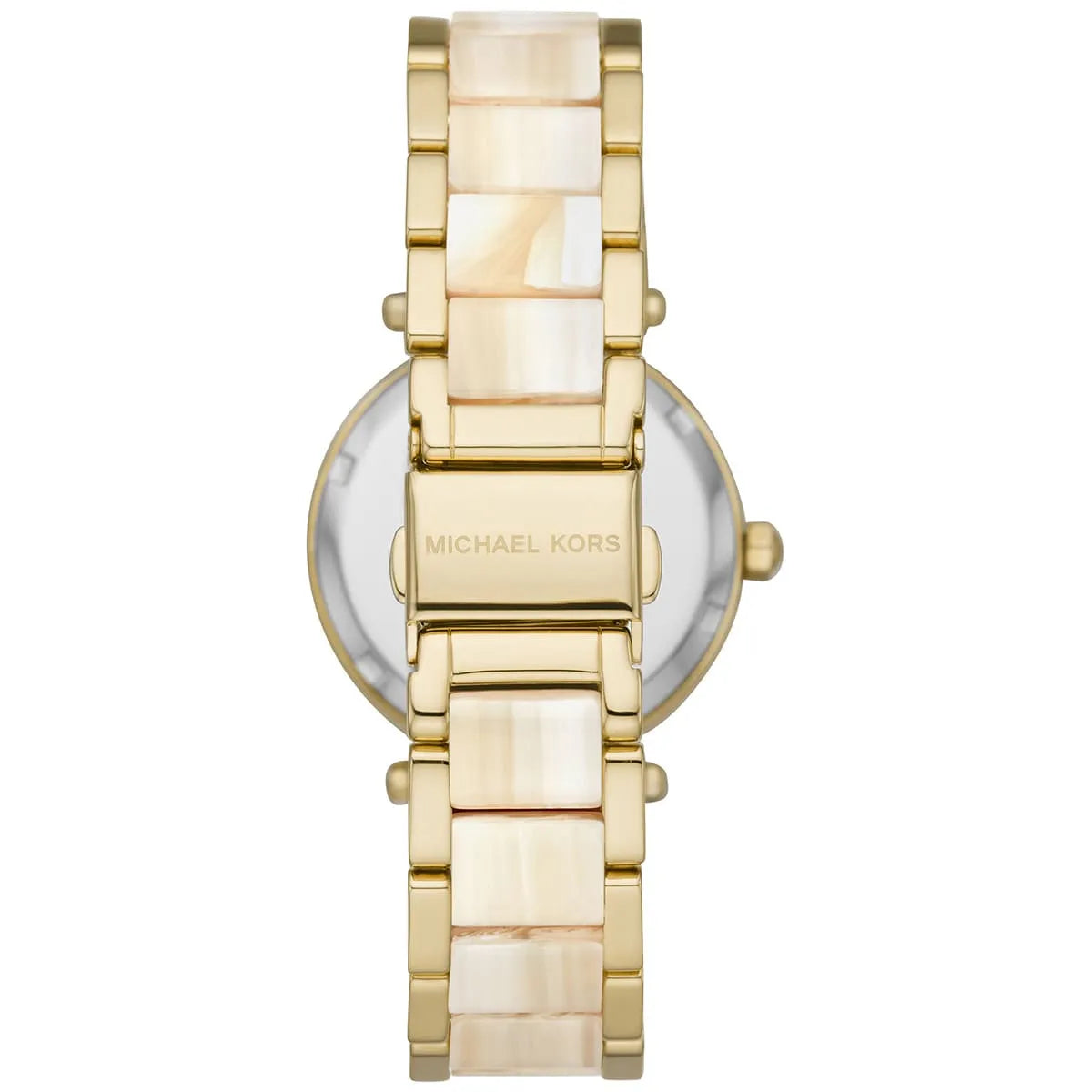 Michael Kors Parker watch caseback view showing gold-tone case and acetate strap
