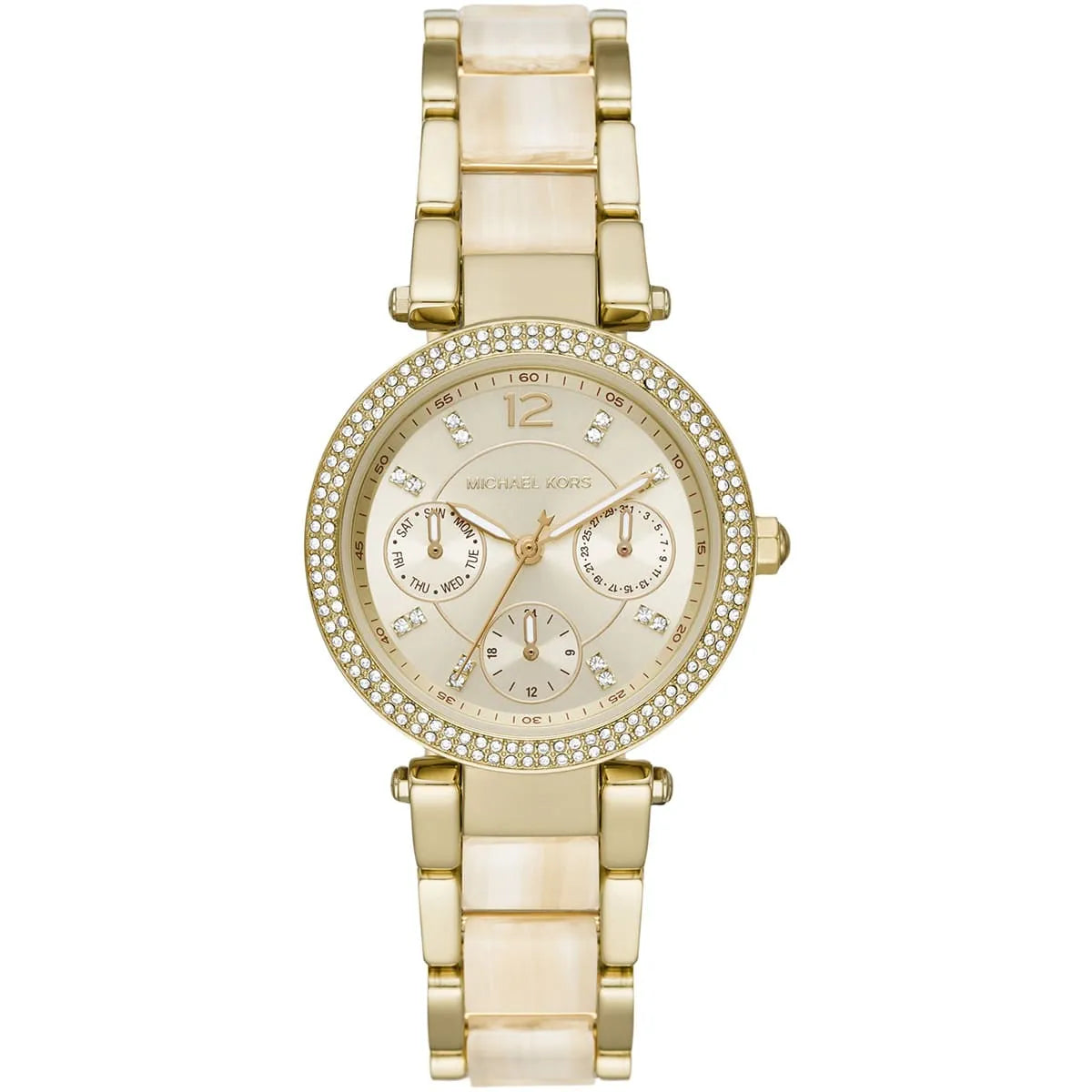 Michael Kors Parker gold-tone women's watch with crystal-set bezel and beige acetate strap
