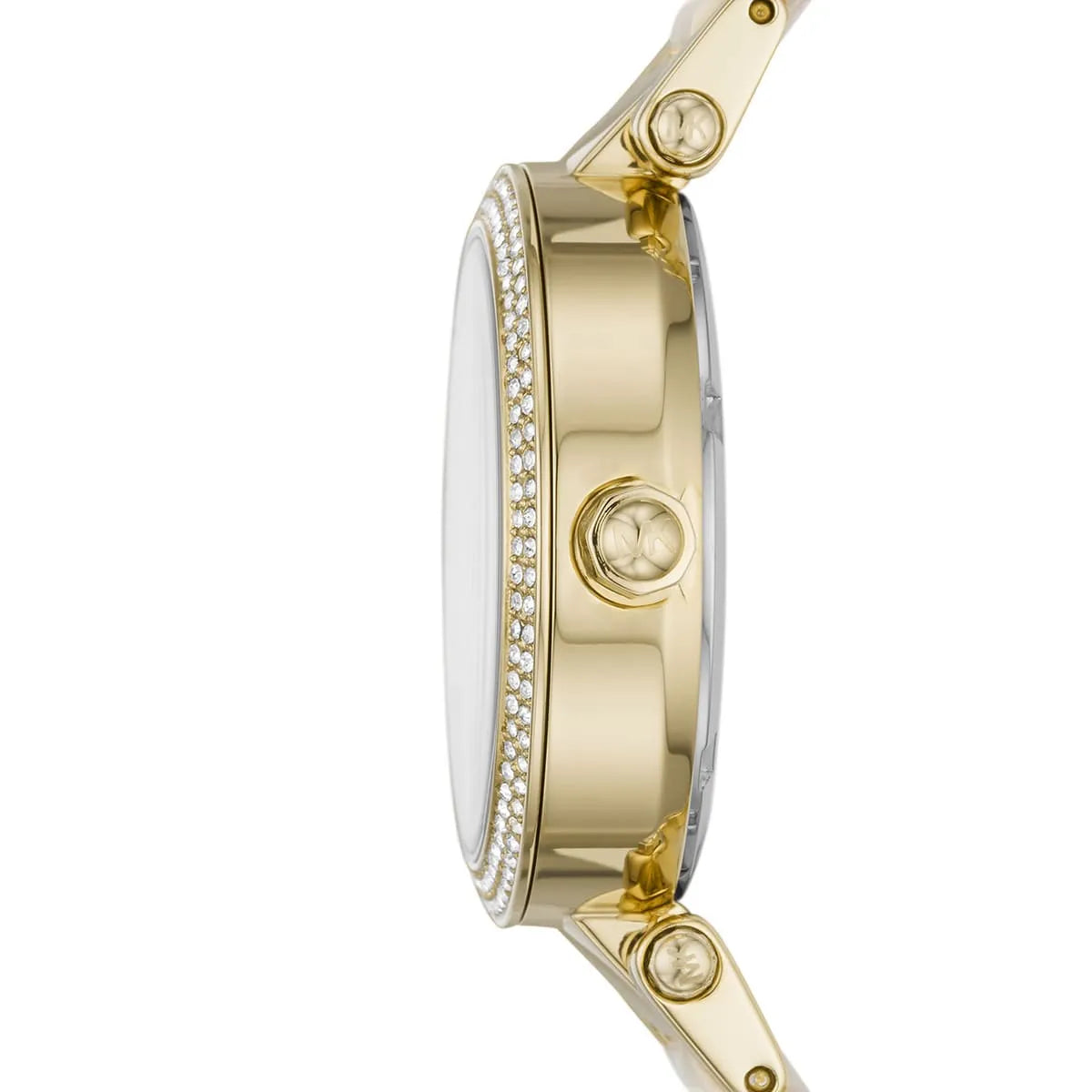 Michael Kors Parker watch side profile showing gold-tone case and beige acetate strap